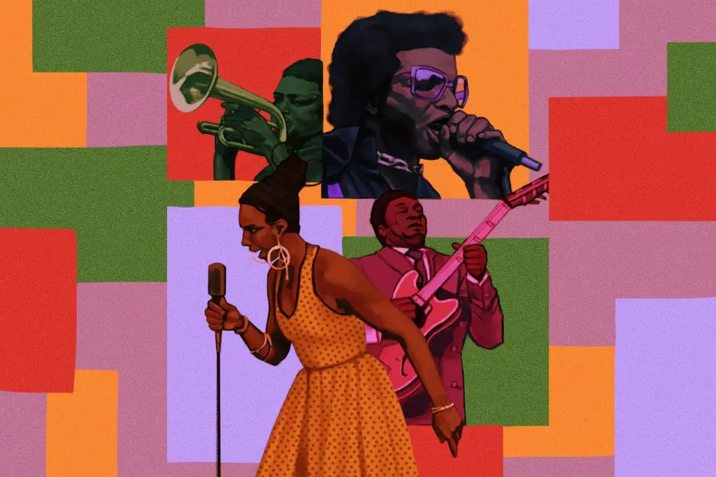 An illustration of Black performers of Summer of Soul