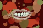 Illustration of a mouth with stitches and a colorful background.