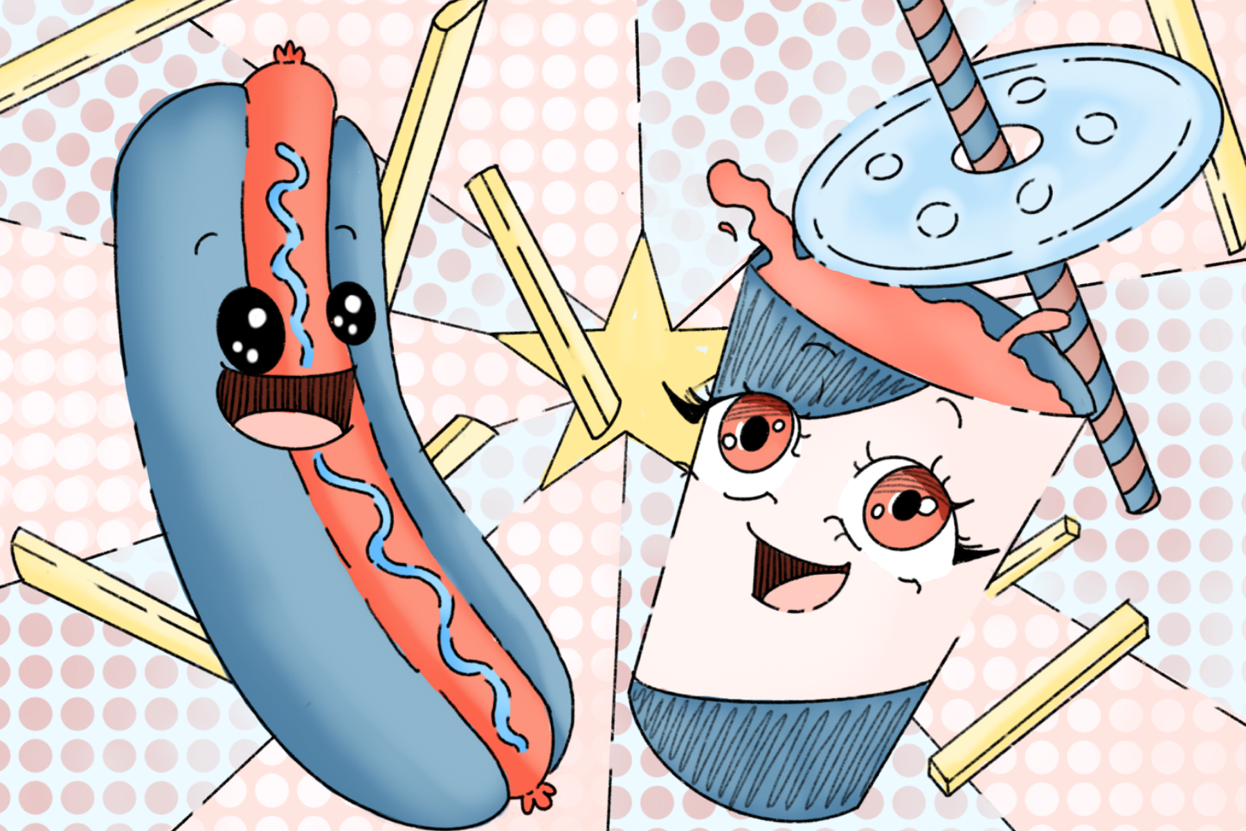 An illustration of a hot dog and a soda cup with cartoon eyes.