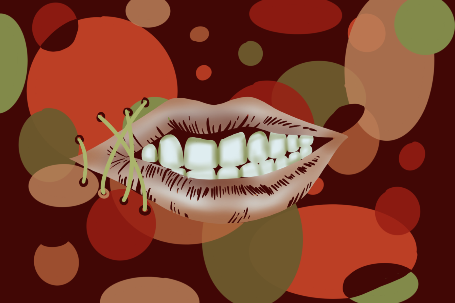 Illustration of a mouth with stitches and a colorful background.