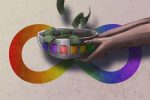 In an article about Mark Rober, an illustration of a person holding a bowl filled with money in front of a rainbow infinity sign.