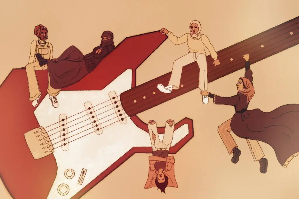 In an article about We Are Lady Parts, a number of women in hijab climb and sit on a giant guitar.