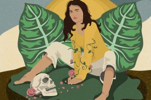 In an article about her debut album To Enjoy Is the Only Thing, indie musician Maple Glider is illustrated against two leaves and with a skull near her feet.