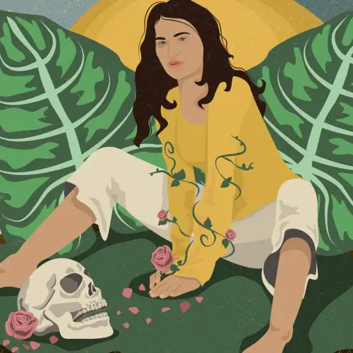 In an article about her debut album To Enjoy Is the Only Thing, indie musician Maple Glider is illustrated against two leaves and with a skull near her feet.