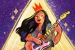In an article about Sarah Kinsley, a girl plays guitar in the spotlight with a red crown over her head.