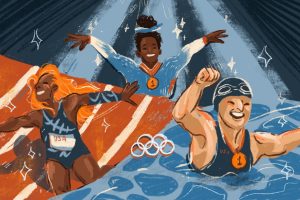 Illustration of the athletes Biles, Ledecky, and Richardson