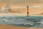 In an article about Outer Banks, art of a beachside view, with a red and white lighthouse in the distance.
