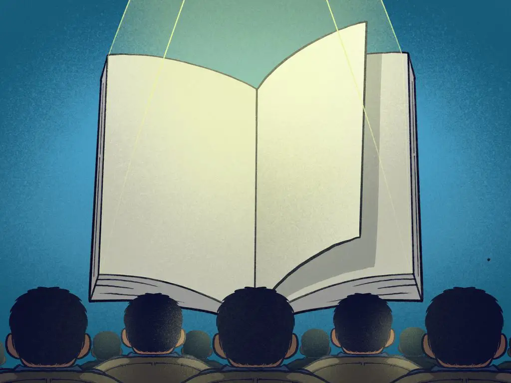 Main character syndrome is illustrated by a spotlighted book with blank pages in the place of a movie theater screen, suspended in front of an audience.