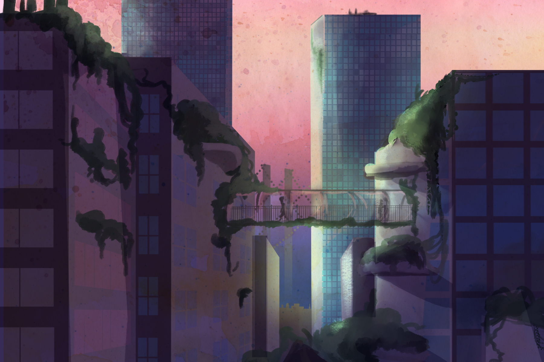 In an article about eco-friendly architecture, a city decorated with plants and moss sits against a pink sunset sky.