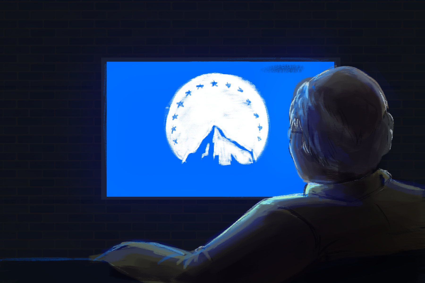 An illustrated TV displays the Paramount+ logo. A person sits watching the streaming service.