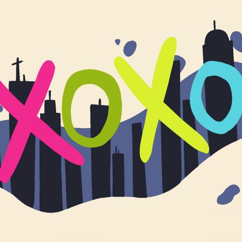 Referencing Gossip Girl, colorful text reads "XOXO" overlaid on a New York City skyline.