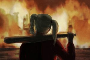 In an article about villains in media, Harley Queen stands with her back to the viewer, watching a city burn.