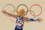 An illustration of Richardson in front of the Olympic rings