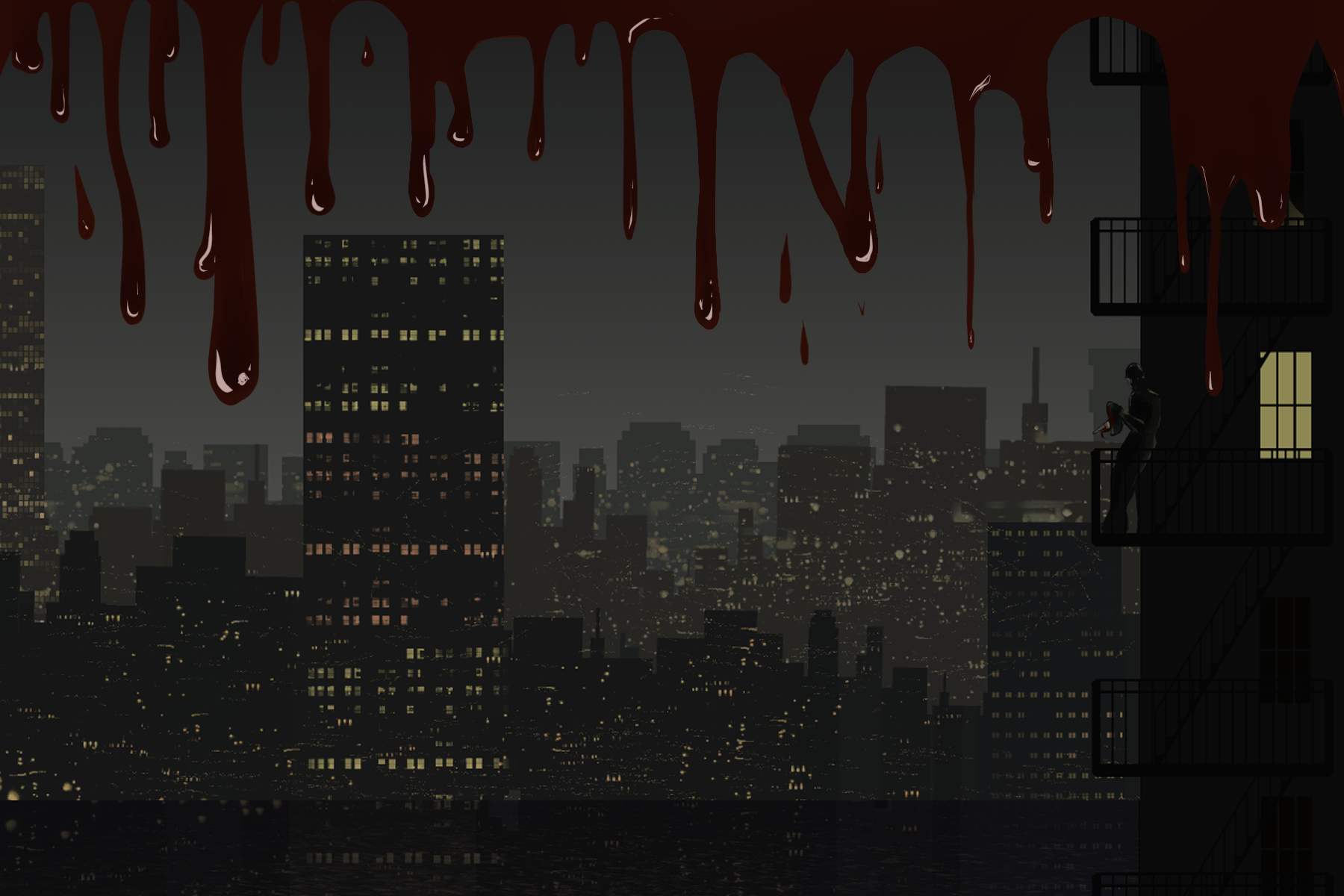 In an article about Marvel and to demonstrate the hyperviolence that is revolutionizing the superhero film genre, an illustration depicts blood dripping from the top of the image down to a darkened city skyline.