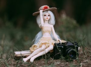 A picture of a white haired doll in a white and brown dress, sitting in the grass behind a little camera.