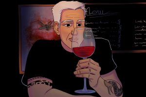 In an article about documentary Roadrunner, Anthony Bourdain stares into a wine glass against a dark background.