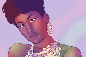 In an article about the movie "Respect," Aretha Franklin looks into the camera, cast in multicolor light and draped in white jewelry.