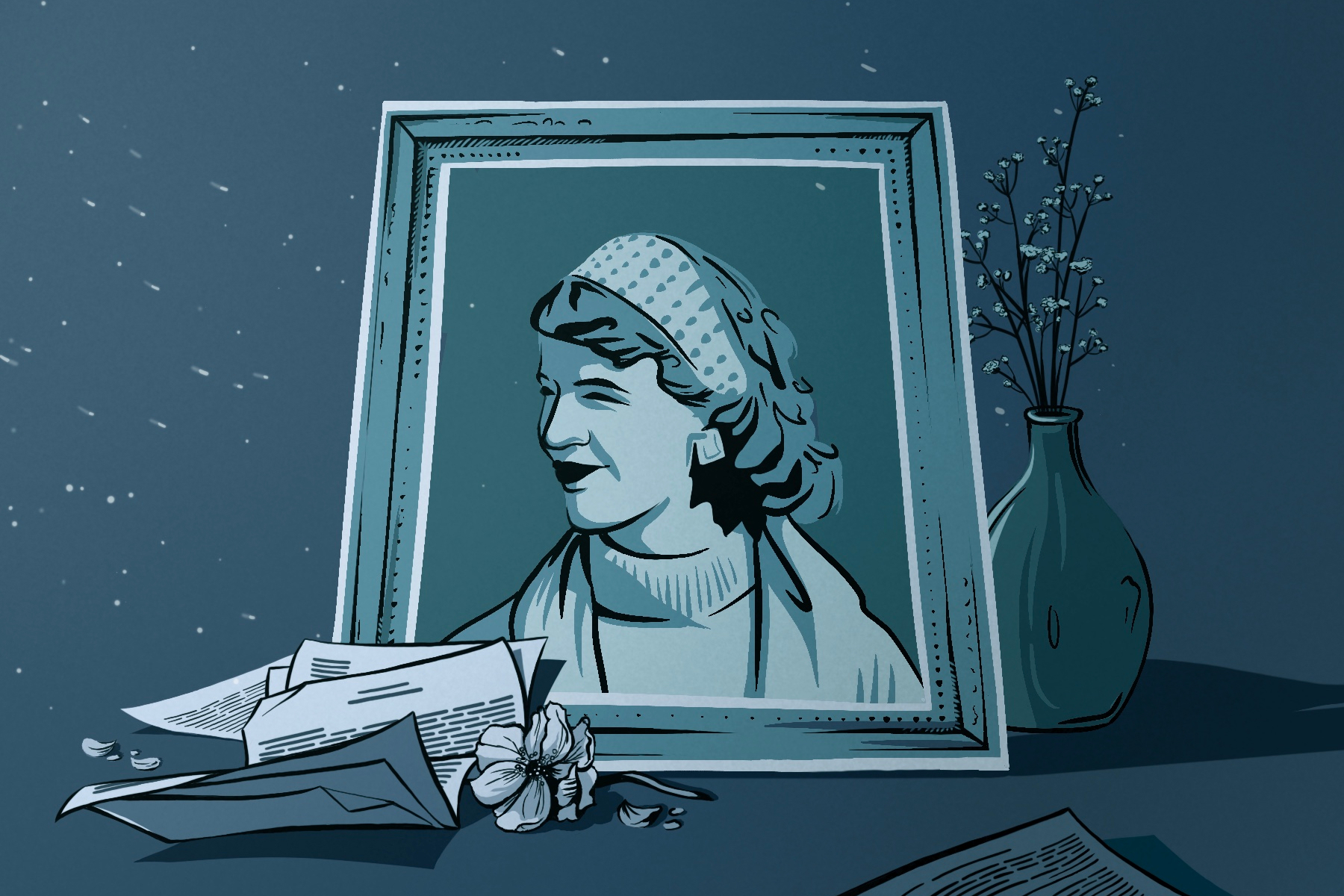 To depict the pervasive dangers of the ideal of the tortured artist, an aestheticized sorrowful, muted blue-toned illustration shows a portrait of Sylvia Plath, who died by suicide, in a frame placed next to flowers and manuscripts.
