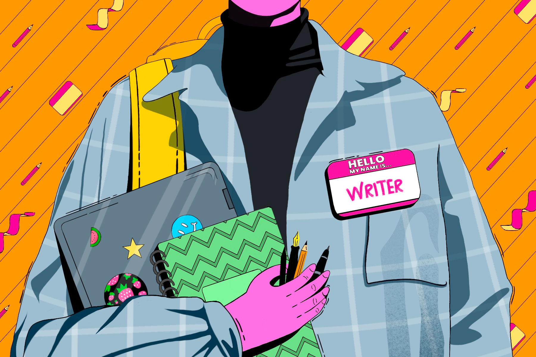 A figure is illustrated holding notebooks and wearing a name tag that reads "Hello, my name is: Writer."