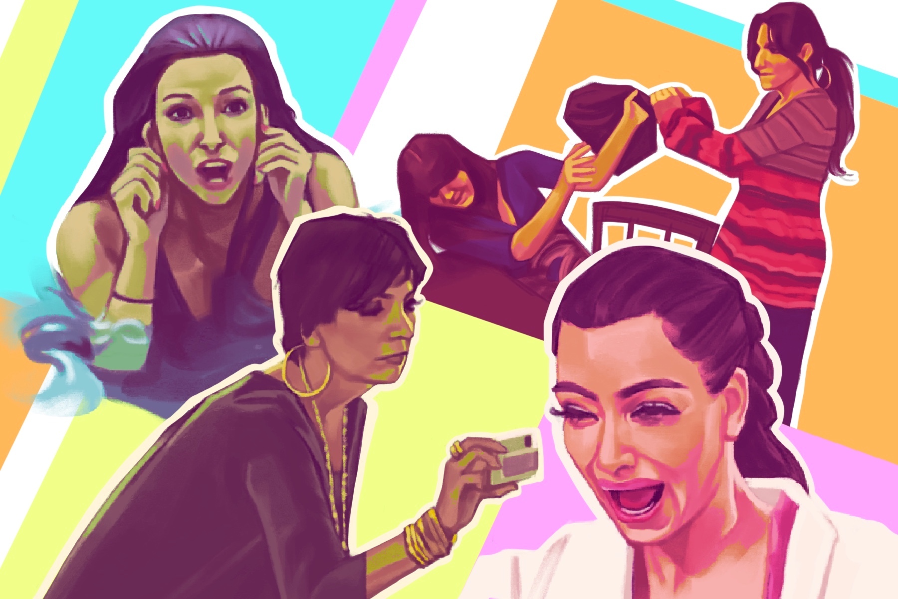 An illustration depicts some famous shots from Keeping Up With the Kardashians, featuring several of the Kardashian women.
