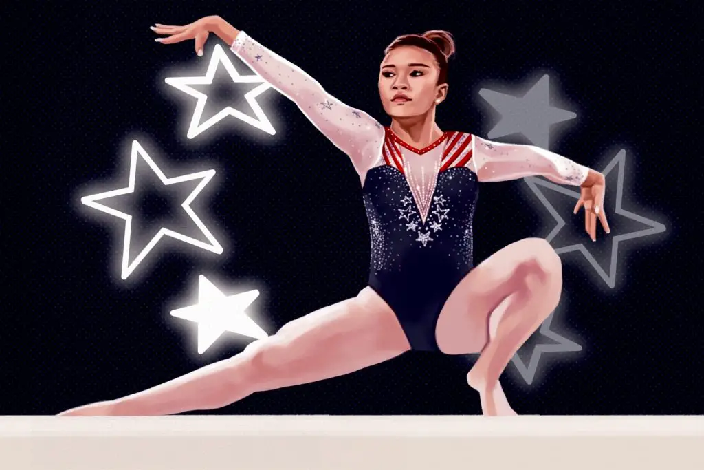 An illustration of US Olympic gymnast Sunisa Lee, depicted in a graceful pose and wearing the USA women's gymnastics uniform.