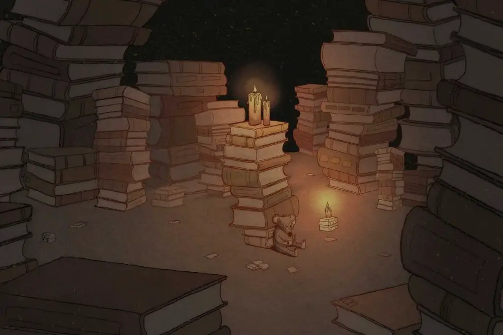 An illustration of an animal sitting next to a stack of books reading in candlelight.