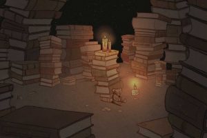 An illustration of an animal sitting next to a stack of books reading in candlelight.