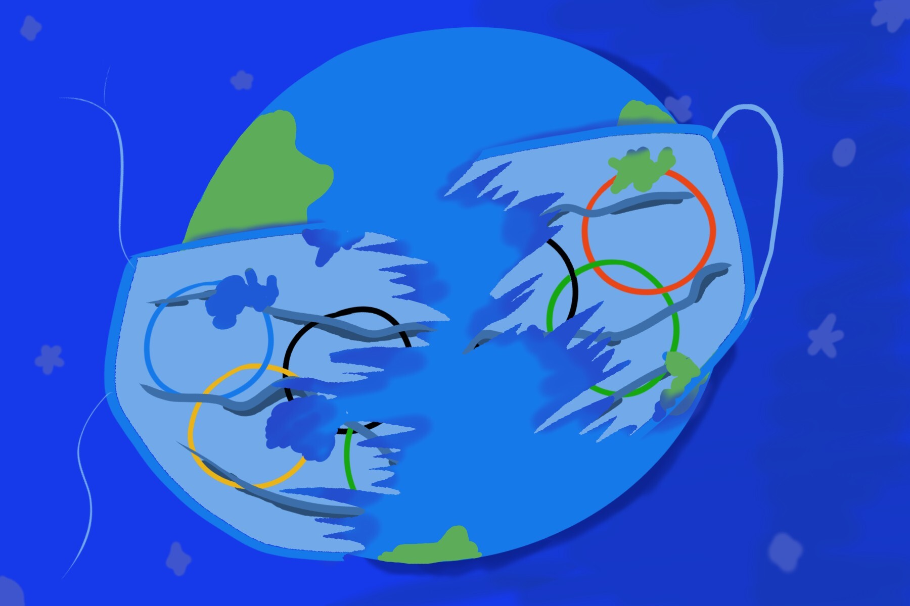 Illustration of the world with the olympic flag over it, ripped in half.