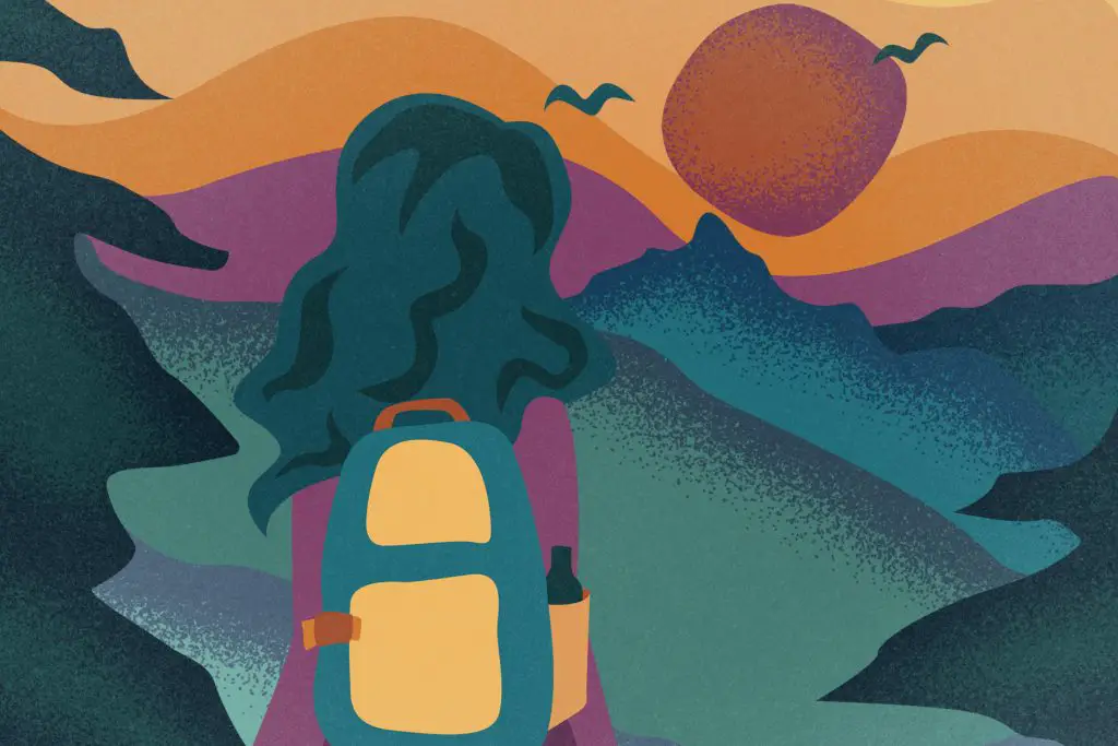 A person backpacking is illustrated in front of a beautiful and colorful mountain landscape.