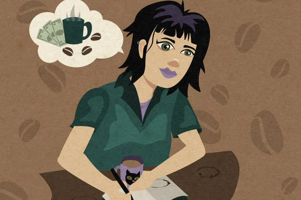 Illustration of a student thinking about coffee.