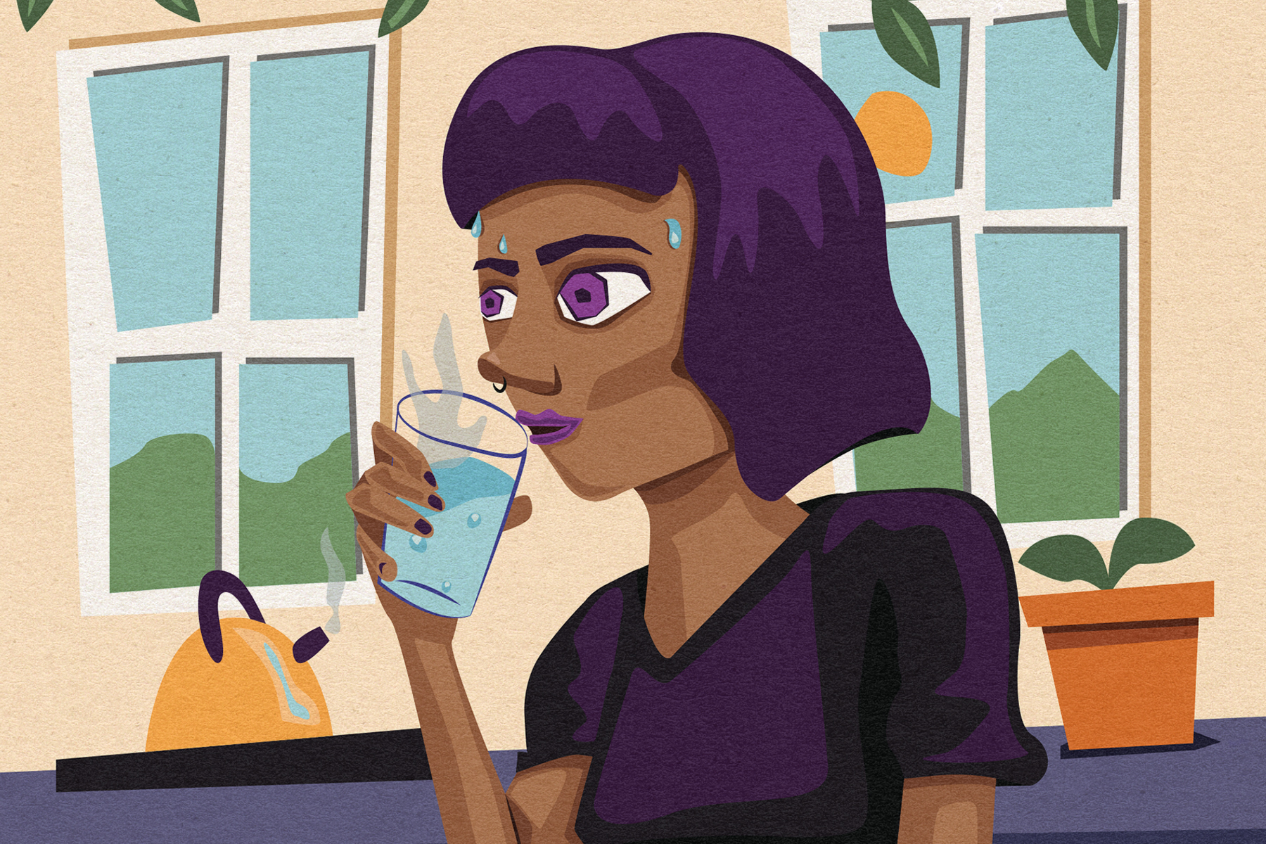 Illustration of a girl drinking hot water.