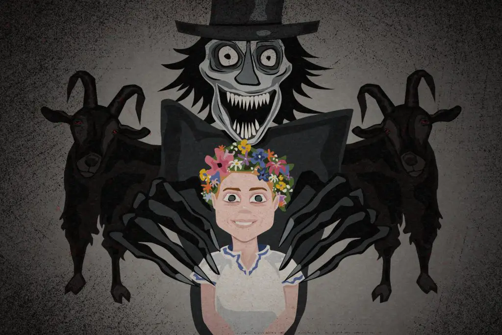 For an article about elevated horror, an illustration depicts iconography from different psychological thrillers: a woman from Midsommar, the hovering Babadook, and the devil goat from The Witch.