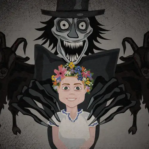 For an article about elevated horror, an illustration depicts iconography from different psychological thrillers: a woman from Midsommar, the hovering Babadook, and the devil goat from The Witch.