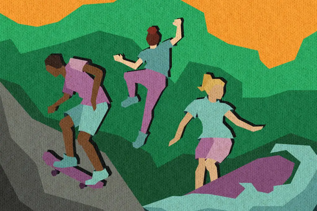 A stylized illustration depicts three of the four new Olympics sports: athletes surfing, skateboarding and rock climbing.