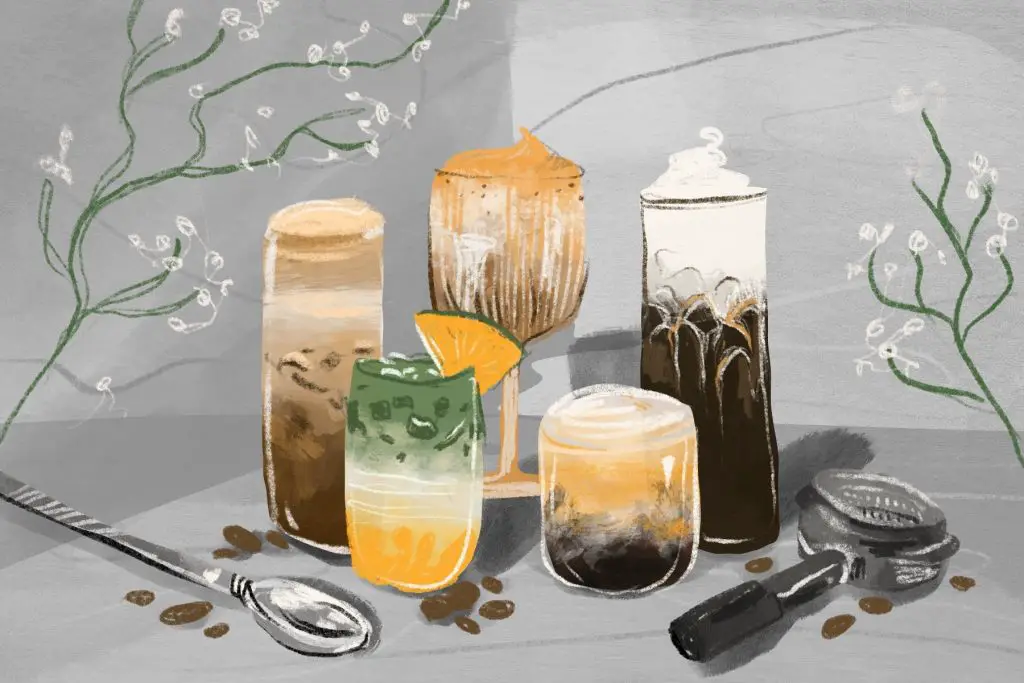 In an article about Caffeinication, an illustration of an array of colorful and vibrant coffee drinks