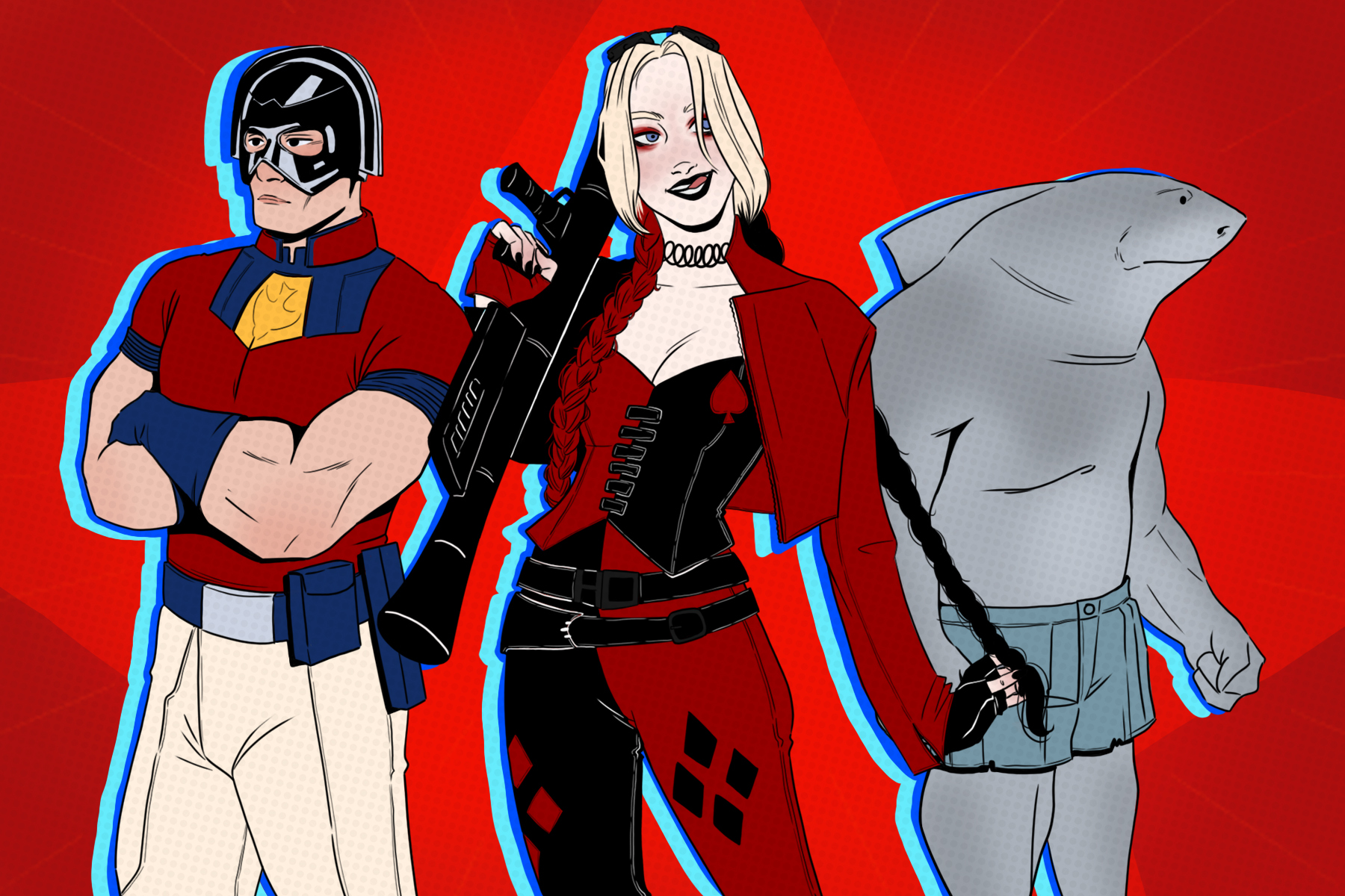 In an article about The Suicide Squad, Peacemaker, Harley Quinn and King Shark stand against a bright red background.
