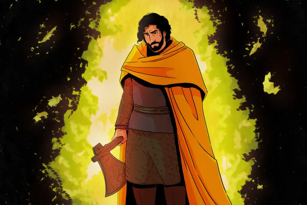 In an article about the Green Knight, Gawain stands in a yellow scarf, holding an axe, against a lush green and black background.