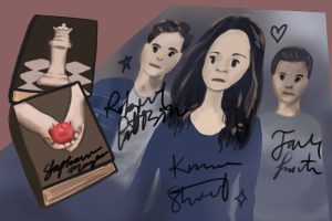 Illustration of the three main characters in "Twilight" and the first and last books of the saga.