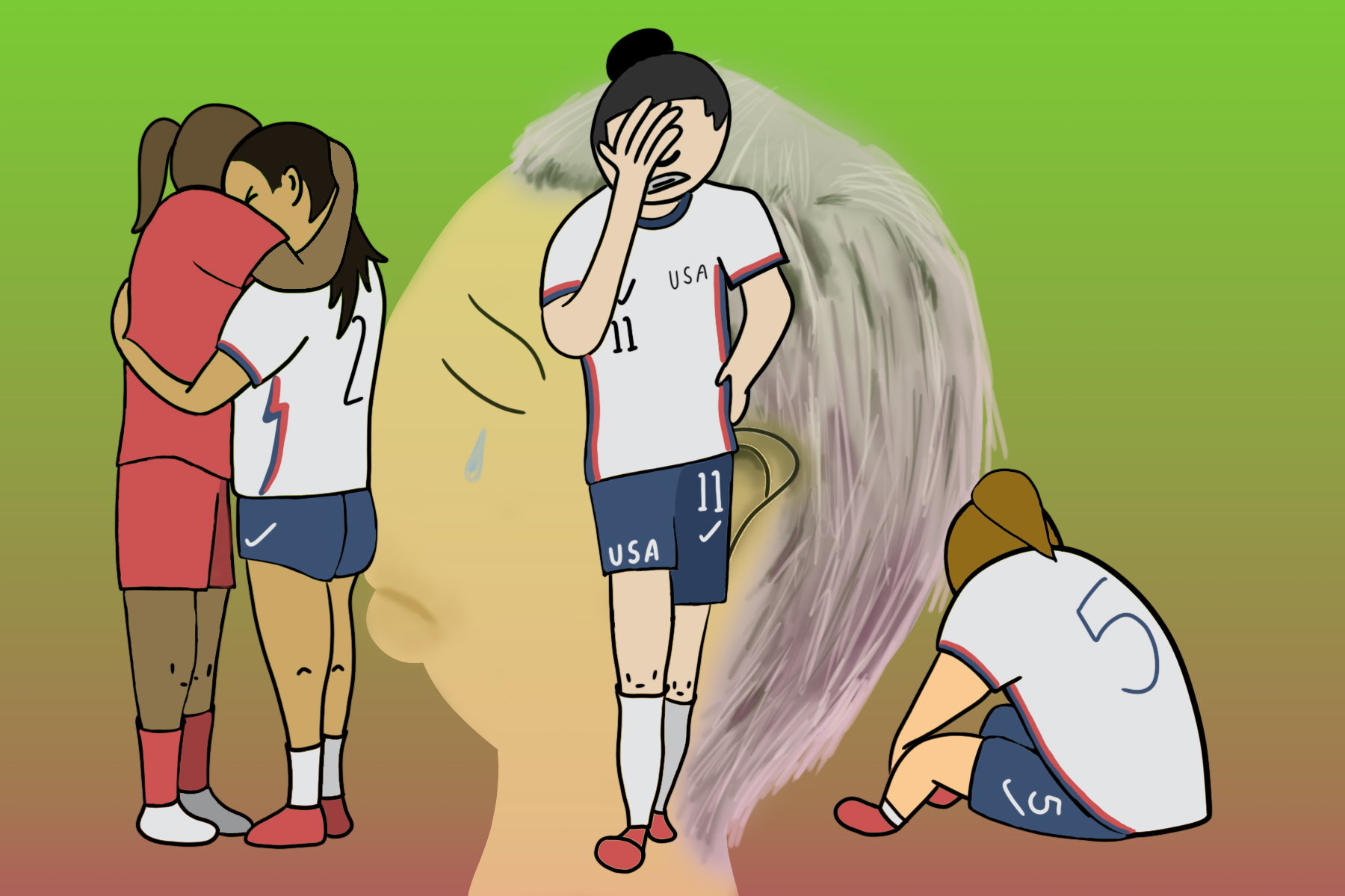 An illustration depicts USWNT players in distress over their loss at the 2021 Tokyo Olympics; they are pictured hugging, sitting on the ground in defeat and crying.