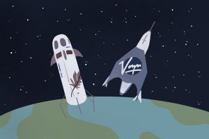 Illustration of the space rivalry between Amazon and Virgin Galactic