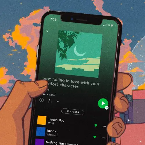 To demonstrate the art of niche Spotify playlists, an illustration depicts a hand holding a cellphone displaying a playlist titled "pov: falling in love with your comfort character."