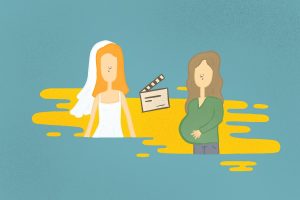 In an article about motherhood in sitcoms, an illustration of a bride and a mother.