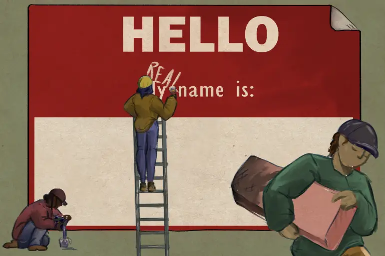 In an article about a person changing his name, an illustration of a person on a ladder in front of a "Hello my name is" sticker