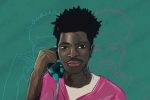 An illustration from a shot in the Industry Baby music video, in which rapper Lil Nas X is dressed in a pink prison jumpsuit and a confident grin.