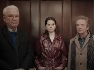 In an article about Only Murders in the Building, Martin Short, Steve Martin, and Selena Gomez wait in an elevator together.