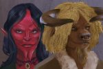 In an article about 'Sexy Beasts,' an illustration of a man in a bison mask and a woman in a devil mask.