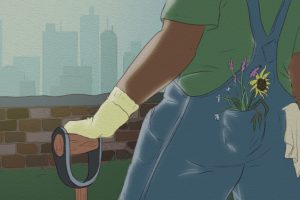 In an article about Solarpunk, a person wearing jeans with a flower in their back pocket