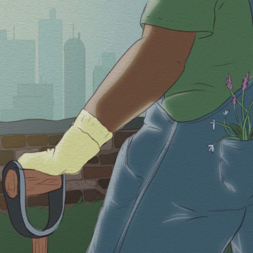 In an article about Solarpunk, a person wearing jeans with a flower in their back pocket
