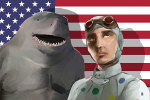 In an article about the Suicide Squad, Polka-Dot Man and King Shark stand against an American flag.