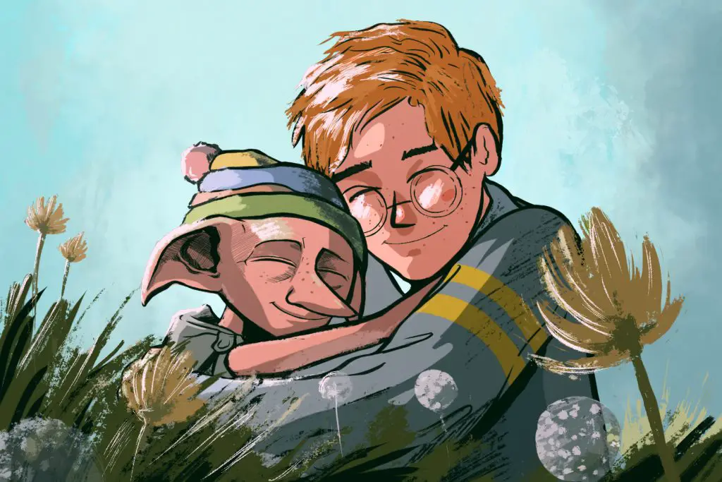 in article about comfort characters, Harry Potter hugging Dobby